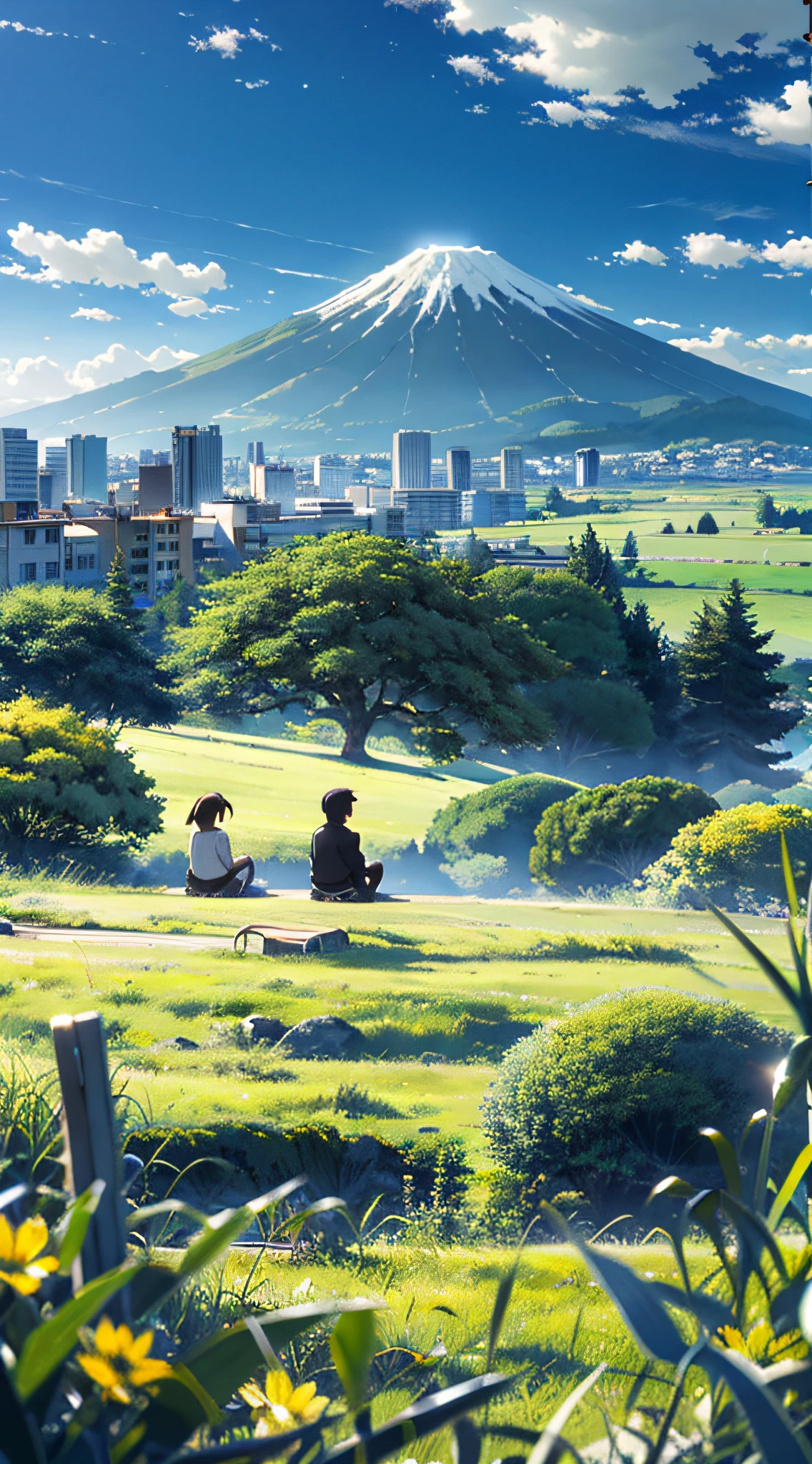 Vast and majestic skyline、The big sky occupies two-thirds of the photo、Girls and boys in casual clothes sitting side by side in the meadow、There is a deserted Japan city in the distance