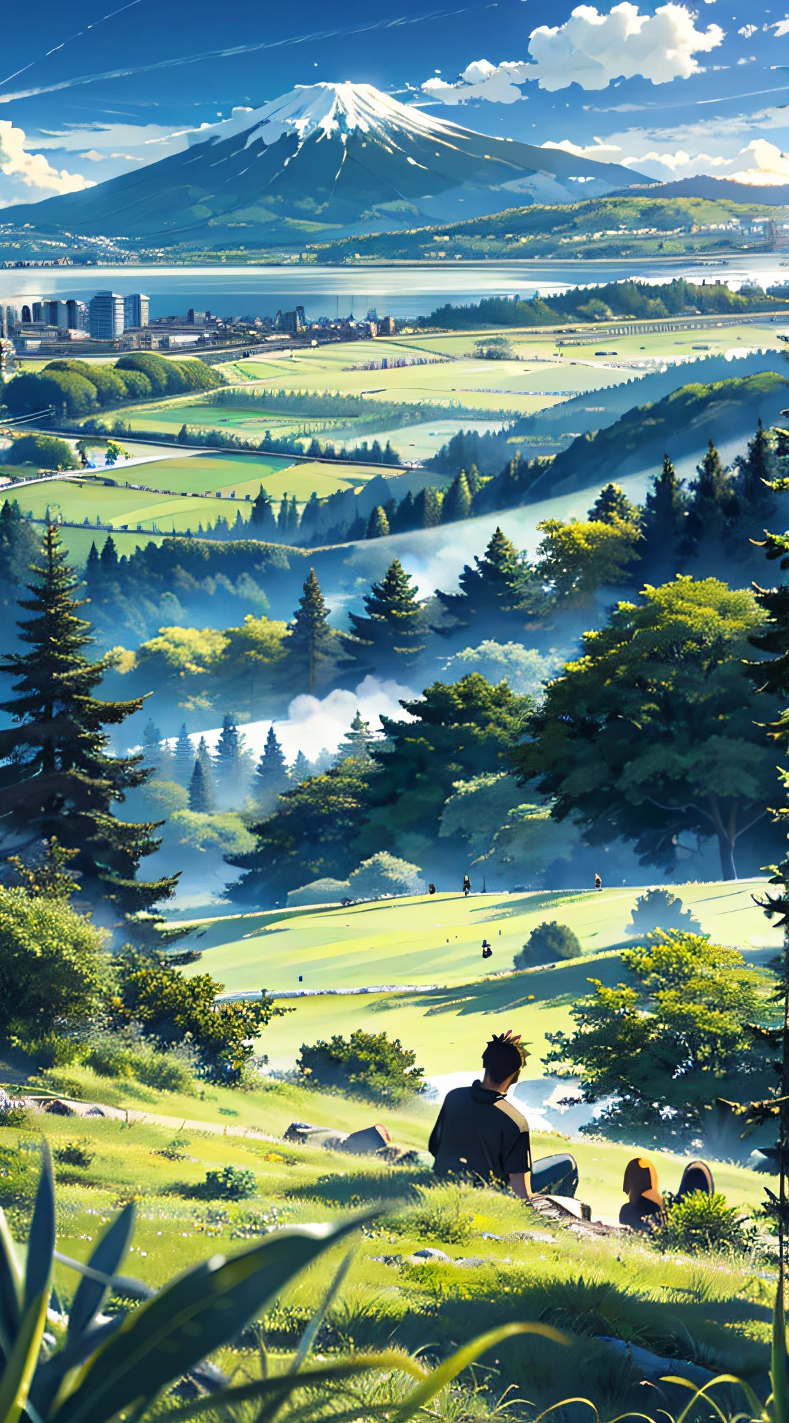 Vast and majestic skyline、The big sky occupies two-thirds of the photo、Girls and boys in casual clothes sitting side by side in the meadow、There is a deserted Japan city in the distance