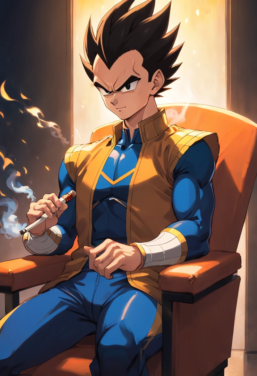 Vegeta usando um terno preto com um cigarro na boca, sitting in a chair that highlights your power and influence, masculino, Dragon ball