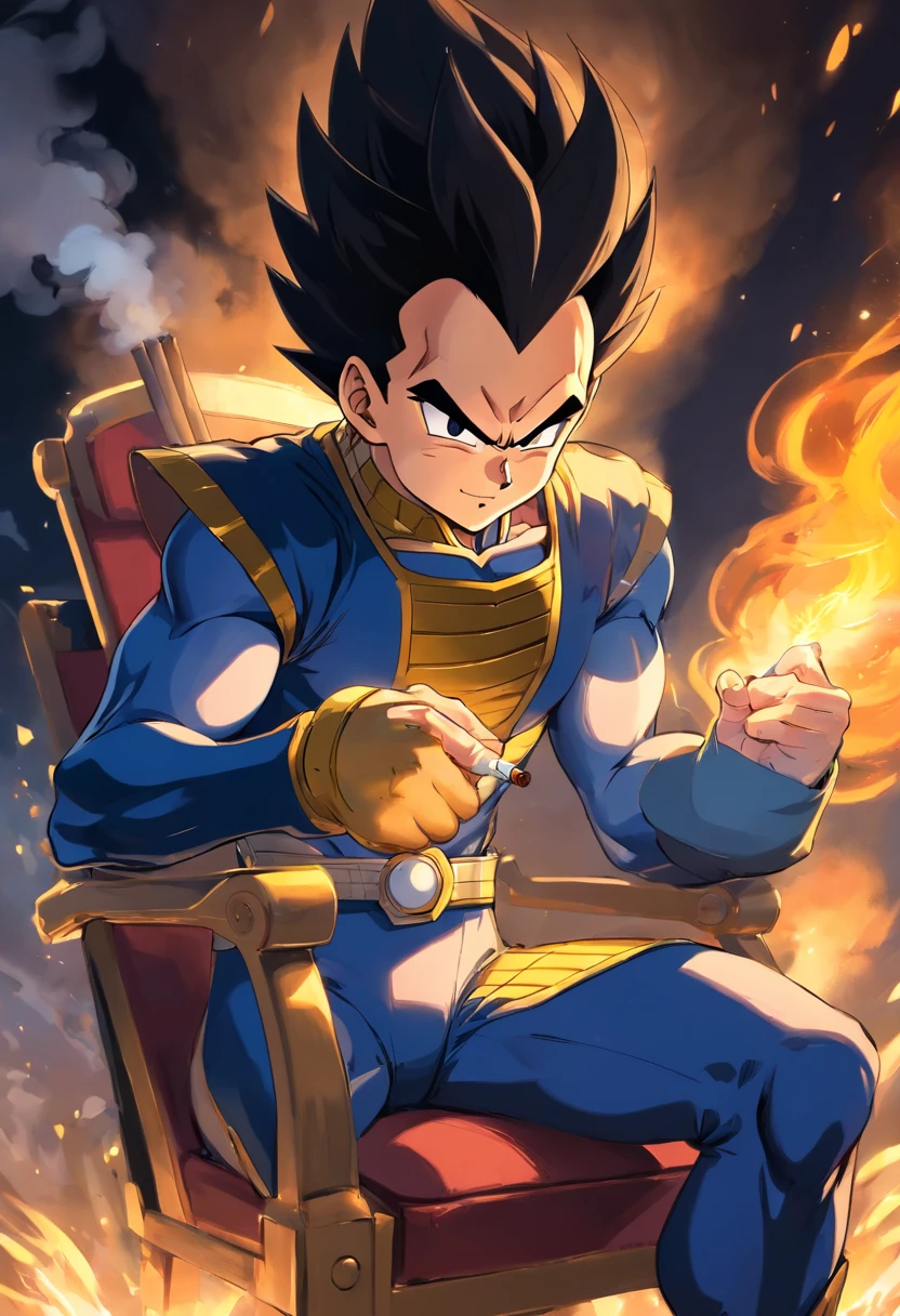 Vegeta usando um terno preto com um cigarro na boca, sitting in a chair that highlights your power and influence, masculino, Dragon ball