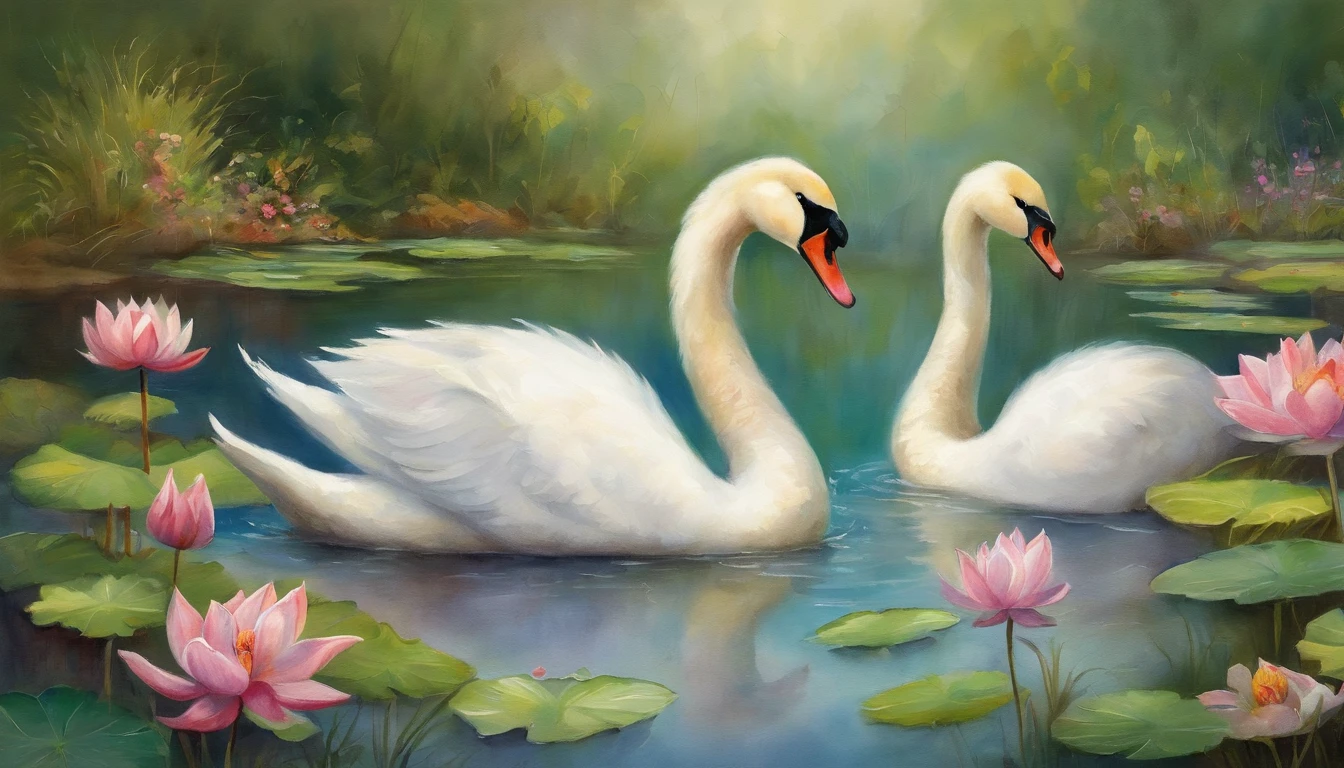 Beautiful white
 swans are swimming in a peaceful pond. Lotus flowers are blooming in the pond. Deer are drinking water by the pond. Inspired by Thomas Kinkade, flowers are blooming alongside the pond.