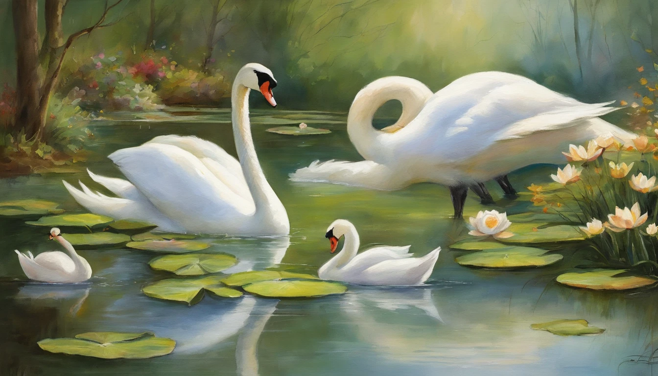 Beautiful white
swans are swimming in a peaceful pond. Lotus flowers are blooming in the pond. Deer are drinking water by the pond. Inspired by Thomas Kinkade, flowers are blooming alongside the pond.