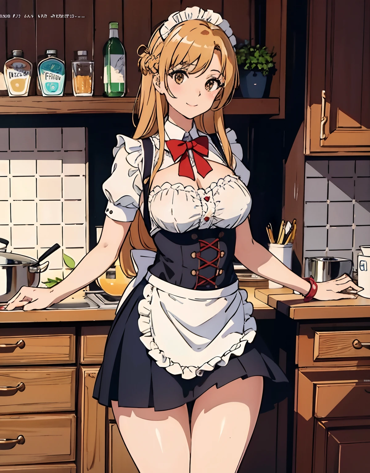 anime style, masterpiece, Best quality, girl 20 years old, cat ears and tail, Normal breast, high, long hair, in the simple clothes of a tavern chef, stands in the kitchen of the tavern, fantasy