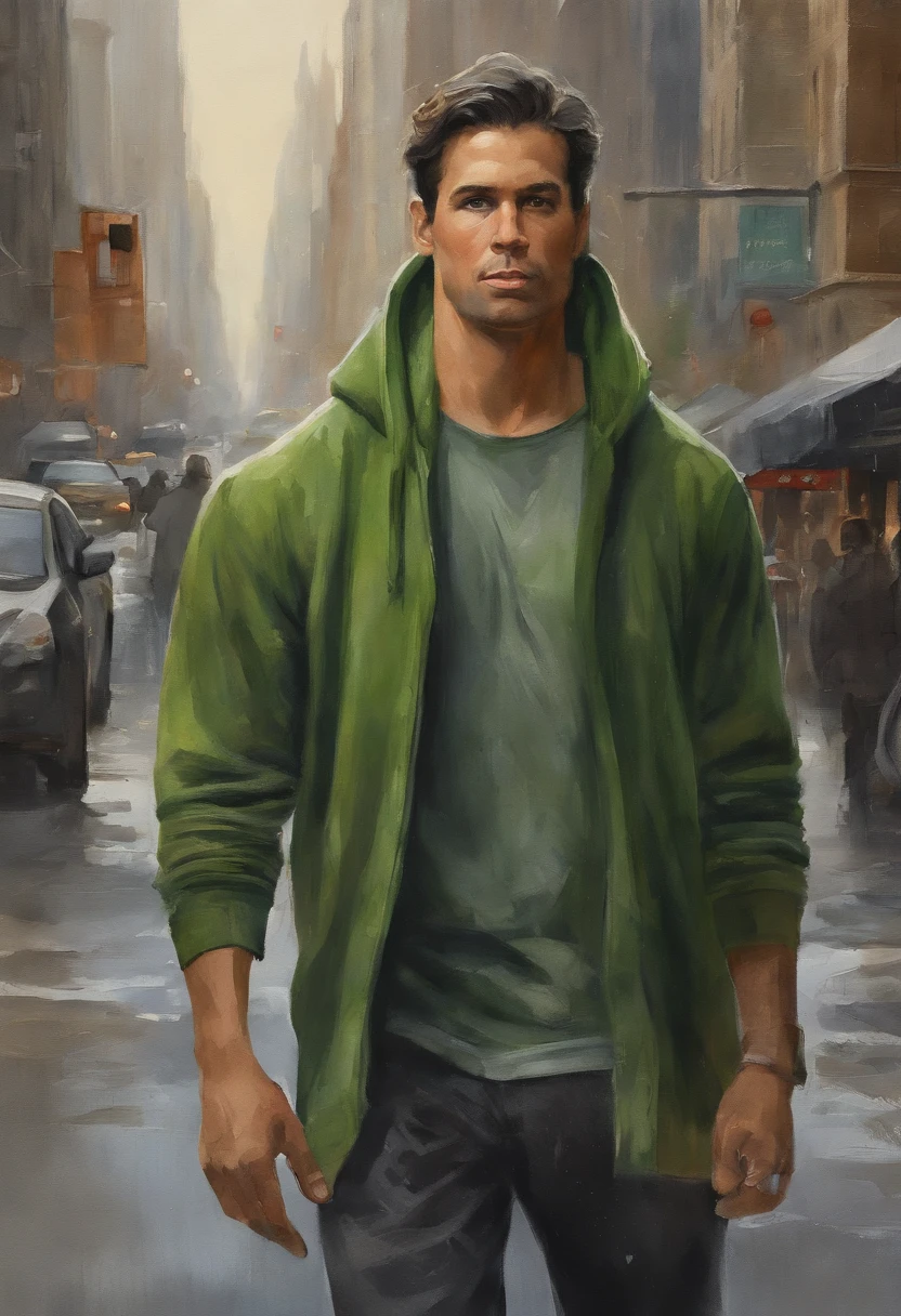 (tall man,black hair with blonde highlights,green plain hoodie,baggy pants,intense muscles,green eyes,city),(water painting),(crowded streets,bustling skyscrapers,urban landscape), (best quality,realistic:1.37), (vivid colors, studio lighting),(muted tones,cool hues), (soft natural lighting,casted shadows)