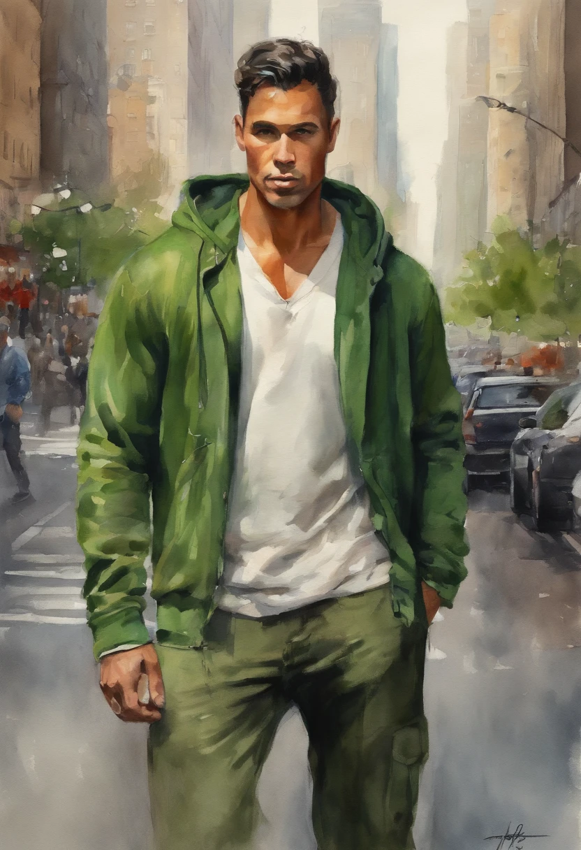 (tall man,black hair with blonde highlights,green plain hoodie,baggy pants,intense muscles,green eyes,city),(water painting),(crowded streets,bustling skyscrapers,urban landscape), (best quality,realistic:1.37), (vivid colors, studio lighting),(muted tones,cool hues), (soft natural lighting,casted shadows)
