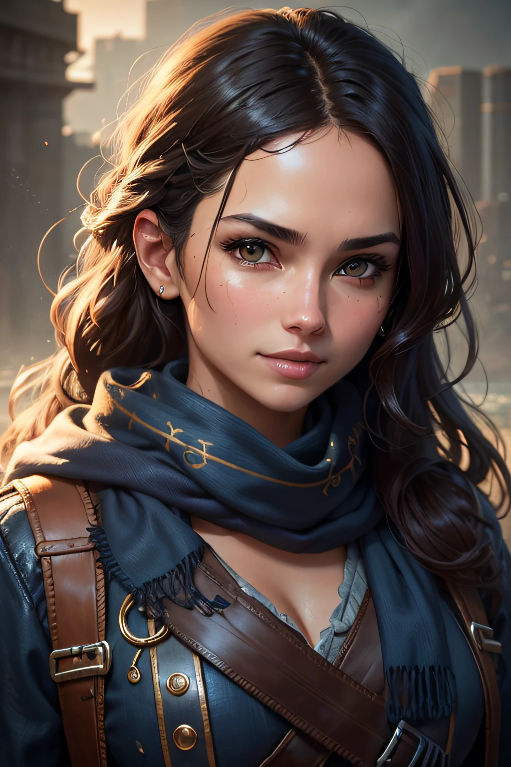 Charming gorgeous modern pirate. Attractive beautiful face, expressive alluring eyes, thick wavy hair, gentle smile, tan skin, dark blue clothes with subtle golden pattern and scarf. Intricate details, complex background, natural lighting, closeup shot. Misty and foggy, water splatter and dripping on screen, HD,  
Art by beeple, Coby Whitmore, RossDraws, WLOP,