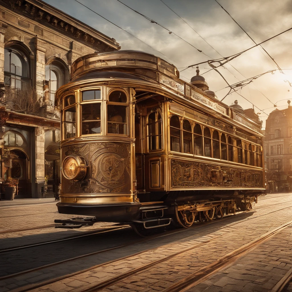 Steampunk Tram in historical steampunk city, big crossing, golden hour