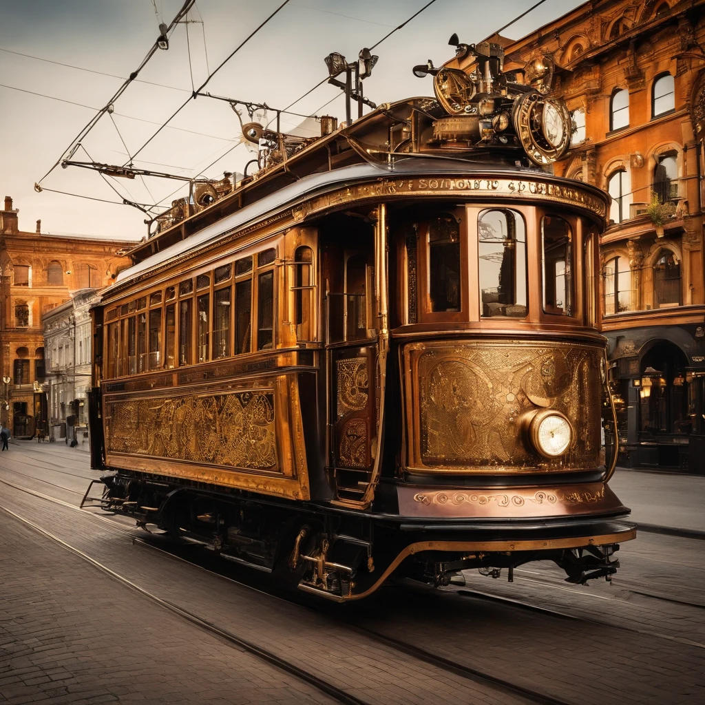 Steampunk Tram in historical steampunk city, big crossing, golden hour