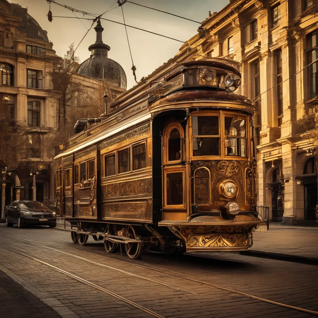 Steampunk Tram in historical steampunk city, big crossing, golden hour