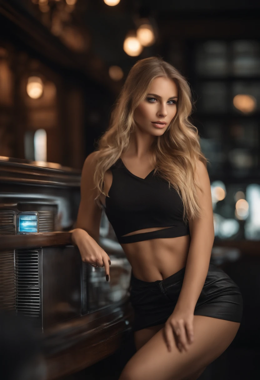 Gorgeous woman with extra long, gewellten blonden Haaren, detaillierte, seductive eyes, Sexy Look ,langen sexy Beinen, wears a miniskirt, T-Shirt, ((detailed facial features)), (fein detaillierte Haut), blasse haut, realistische Hauttextur, extreme Hautdetails, (Poren: 0,1), in the background beautiful futuristic cyberpunk city, Masterpiece of the best quality, fotorealistisch, hyperrealistisch, detailliert, 8K, HDR, (Weiche Farbe: 1,2), light depth of field, Breites Licht, Hoher Kontrast, Hintergrundbeleuchtung, bloom, Lichtfunkeln, chromatische Aberration, scharfer Fokus, RAW-Farbfoto