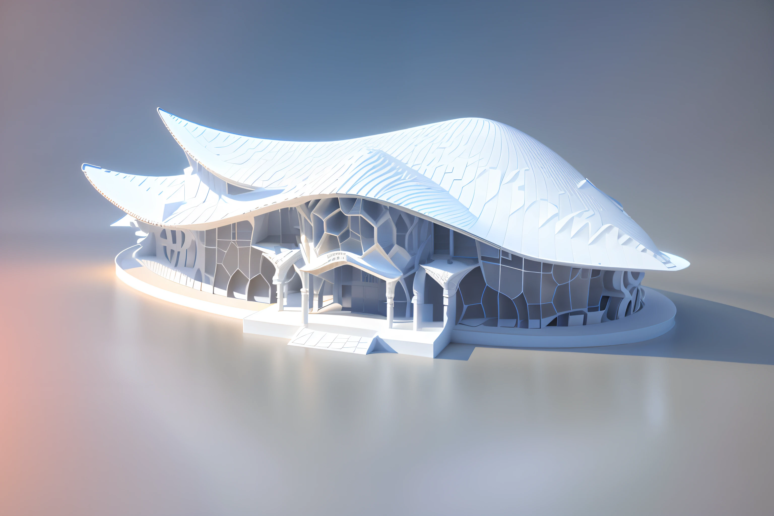There is a white building,The roof is huge,rendered 3d model, oc rendered, parametric structure, architecture render, octsne render, Renders, complex 3 d render, Complex 3 D rendering, detailed render, high-detailed rendering, 3d rendered model, pre-rendered, vue 3d render, fully detailed render, 3D model