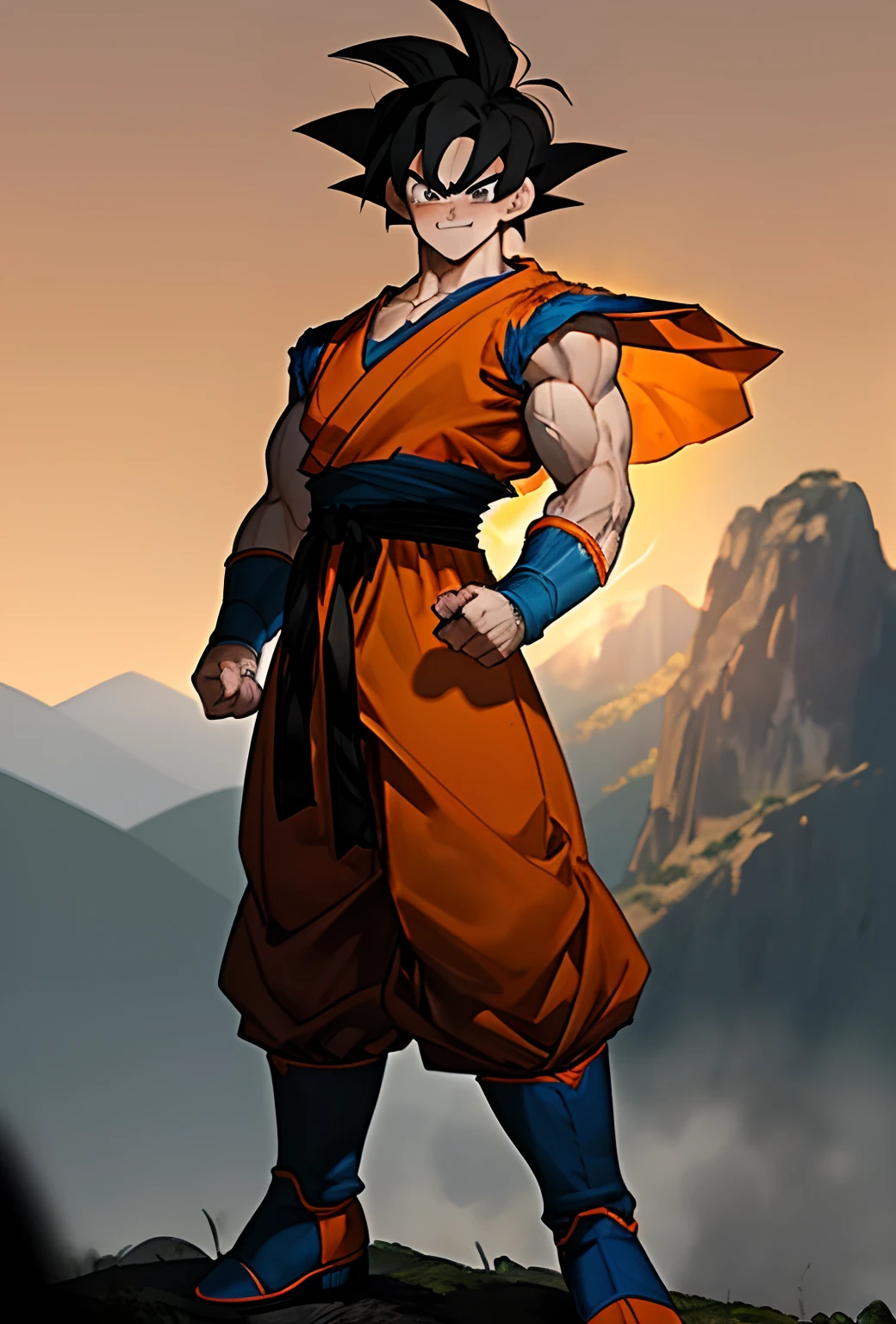 masterpiece, best quality, 1boy, (goku), short hair, black hair, black eyes,  blue boots, orange clothes, training, standing, smiling, angry face, aura power, night, natural light,standing, angry eyes,  smiling, black hair, male focus, strong muscles, movie composition, deth of field, bokeh, (futuristic), (full body), he is standing on a mountain ready for a fight