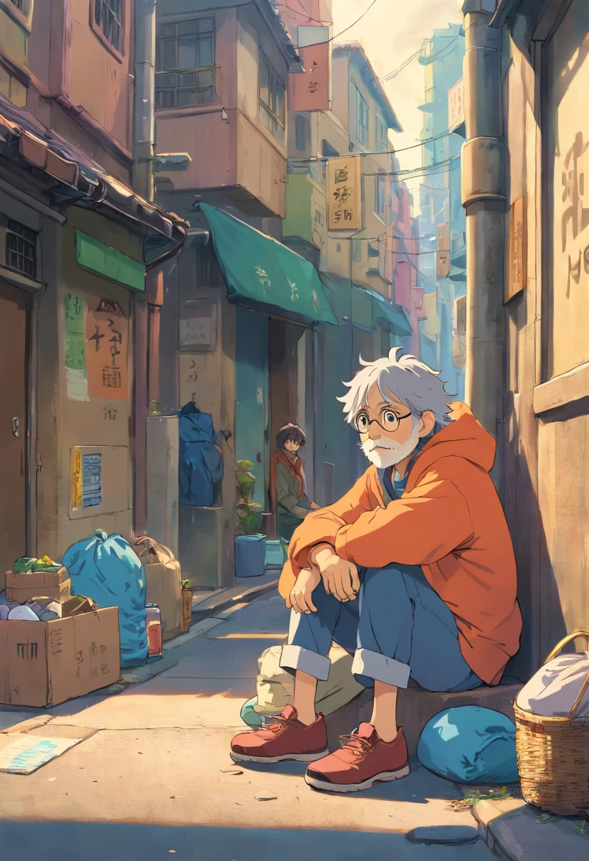 an homeless sitting in the street