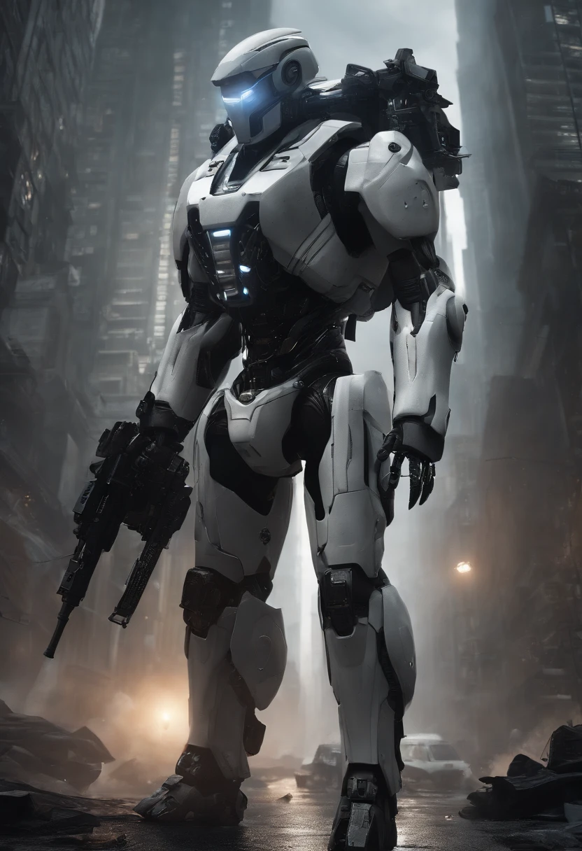 Dark_Fantasy,Cyberpunk, (Best quality, Masterpiece),white,1man,Mechanical marvel,Robotic presence,Cybernetic guardian,wearing a cybernetic jacket,city, highest quality digital art, Stunning art, wallpaper 4k, highly detailed, military robot,army, warzone,black and white, highest quality digital art, Stunning art, wallpaper 4k,8k,64k, HD, unparalleled masterpiece, dynamic lighting, cinematic, epic, damaged mechanical parts
