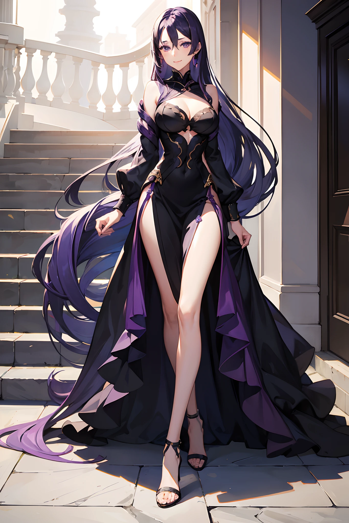 1Girl, light purple eyes, beautiful eyes, purple hair, straight hair, long hair, elegant staircase, deep V-neck, black elegant dress, sweet smile, perfect beautiful face, high heels, full body, thin waist