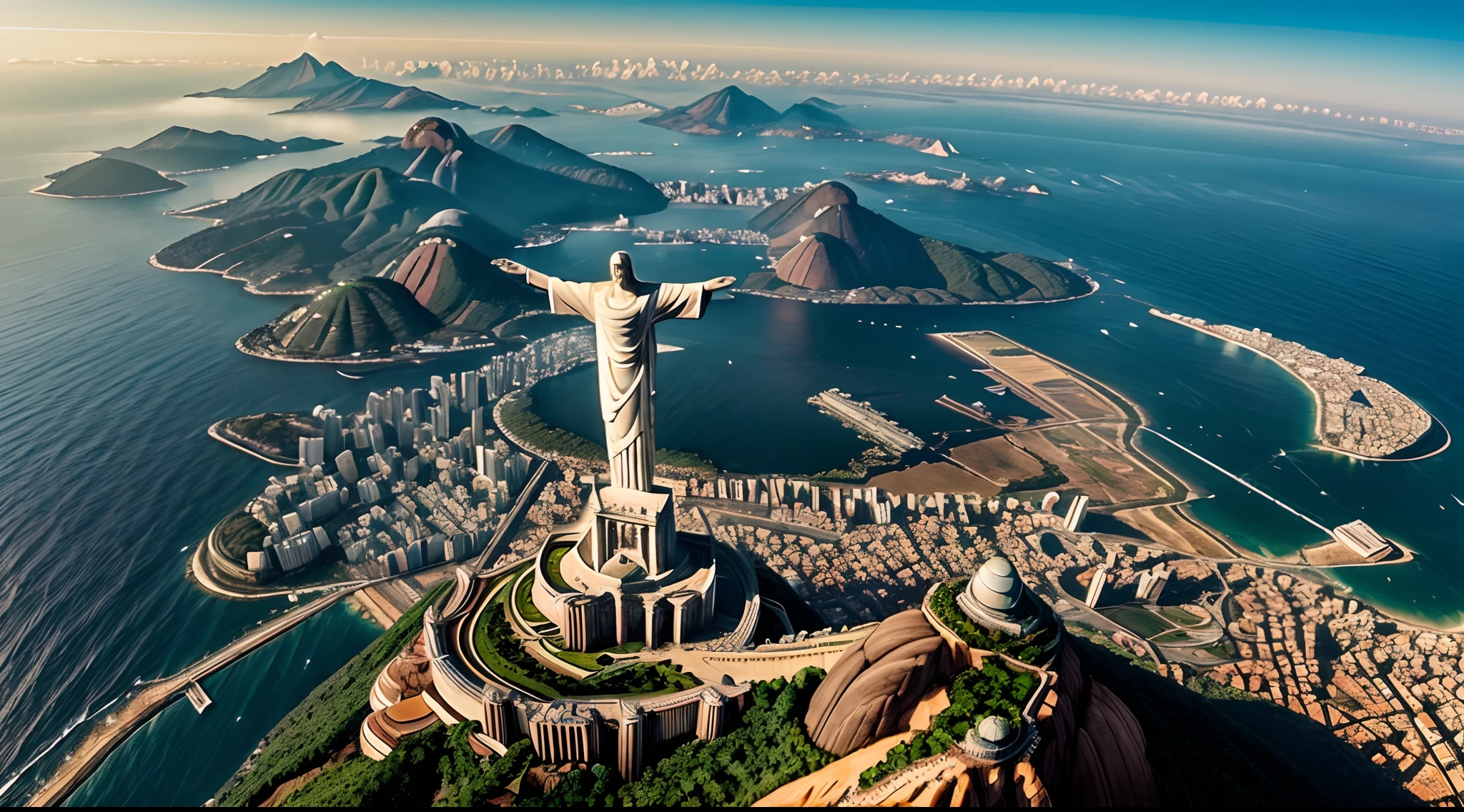 A surreal digital illustration of Christ the Redeemer with dreamlike elements, clear sky, sea, aerial view, inspired by Michelangelo's art. Ultra-detailed and otherworldly. Created by [Frank Frazetta] soft natural volumetric cinematic perfect light