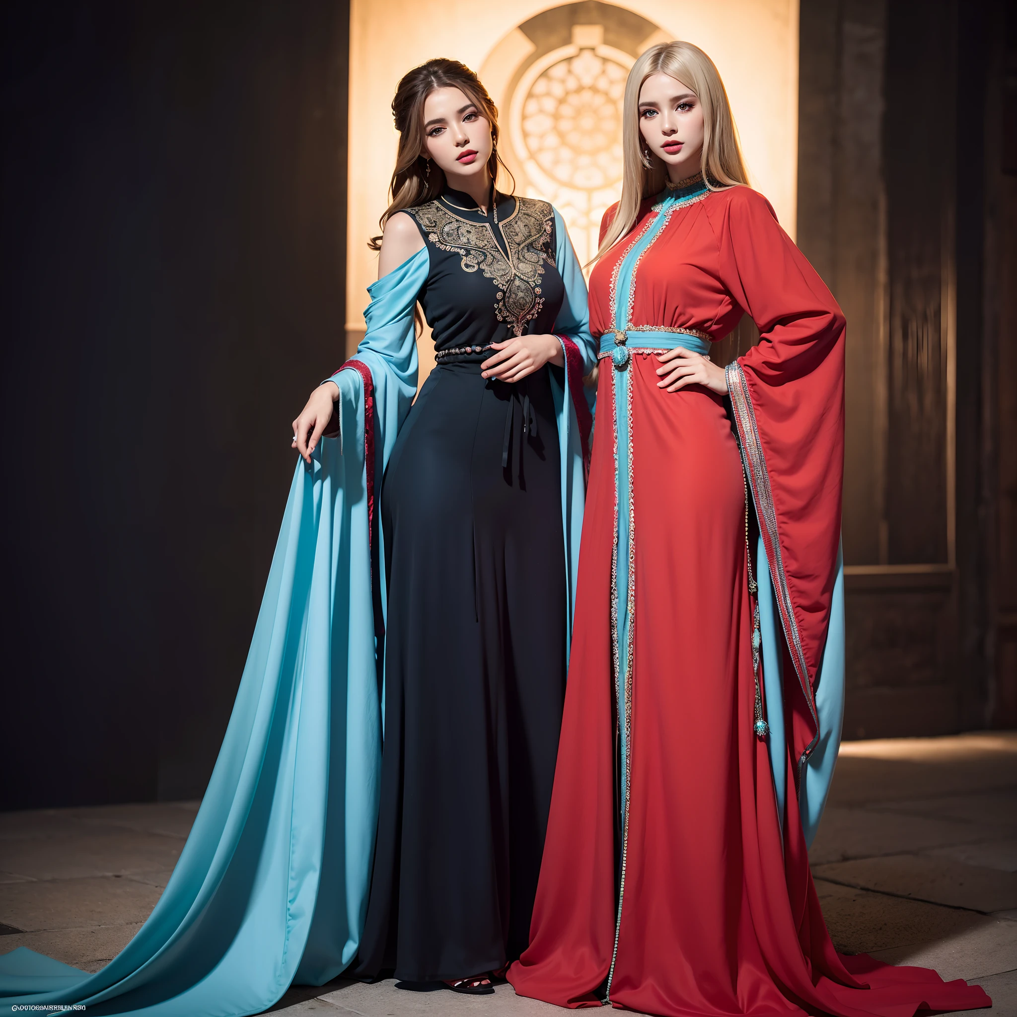 Best quality, Masterpiece, ultra highres, (photoreallistic:1.4), Photo brute, 1fille, cheveux blonds, yeux bleus,  Detailed eyes and face, costume noir, dinamic lighting, Dans le noir, ombre profonde, Wear a respectable Moroccan caftan different types of design colors full caftan outfit body cover caftan portrait zoom outfit caftan red full blue full character portrait zoom