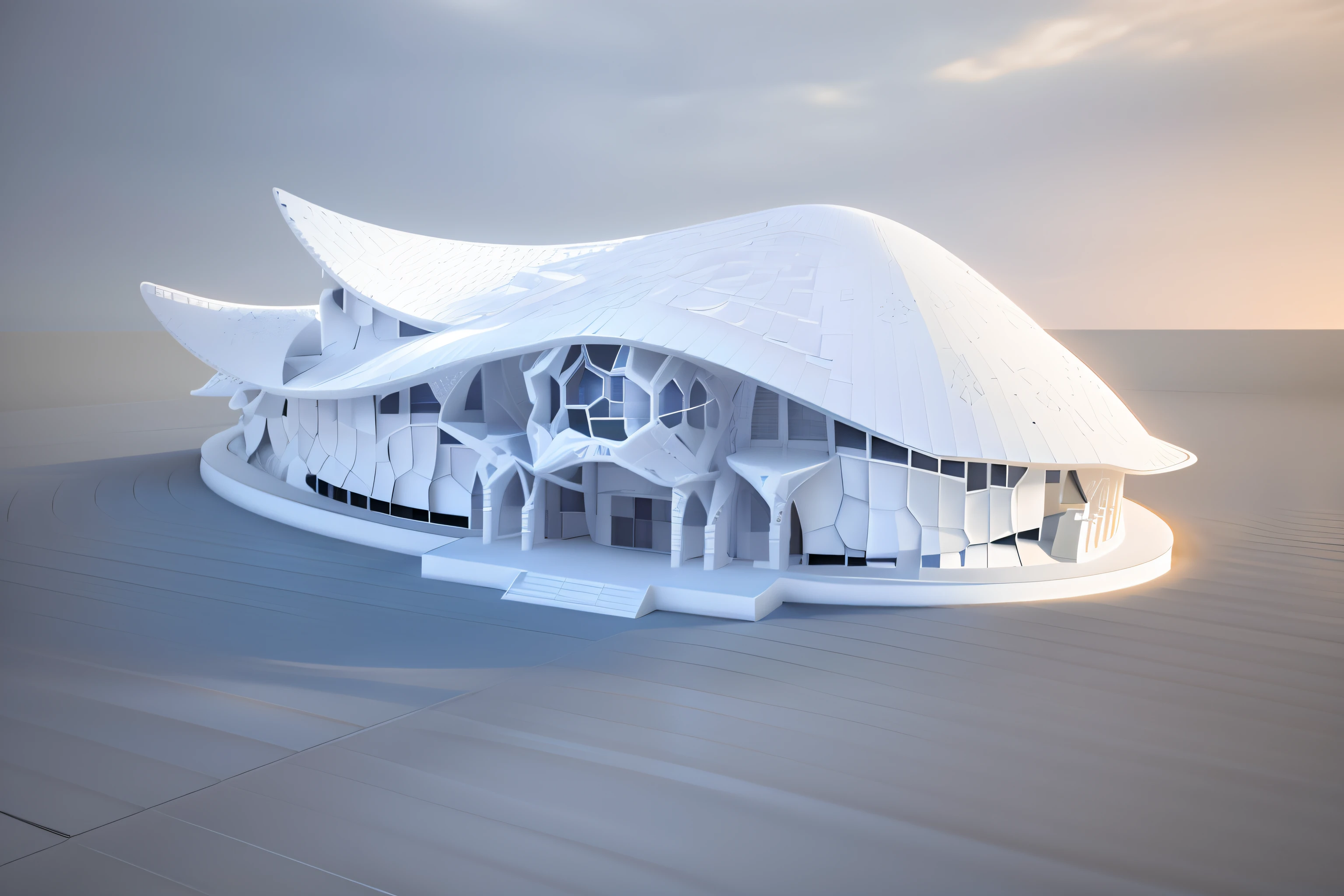 There is a white building,The roof is huge,rendered 3d model, oc rendered, parametric structure, architecture render, octsne render, Renders, complex 3 d render, Complex 3 D rendering, detailed render, high-detailed rendering, 3d rendered model, pre-rendered, vue 3d render, fully detailed render, 3D model