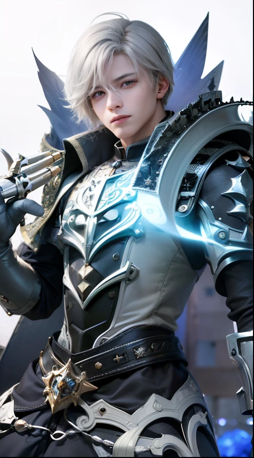 masculine male, masterpiece, ((perfect eyes)) best quality, (semirealism:1.9), beautiful lighting, (extremely detailed CG unity 4k fhd wallpaper), High Detail, Sharp focus, dramatic outdoors, 1 boy ,19 years old, white hair, light purpel eyes, smile.