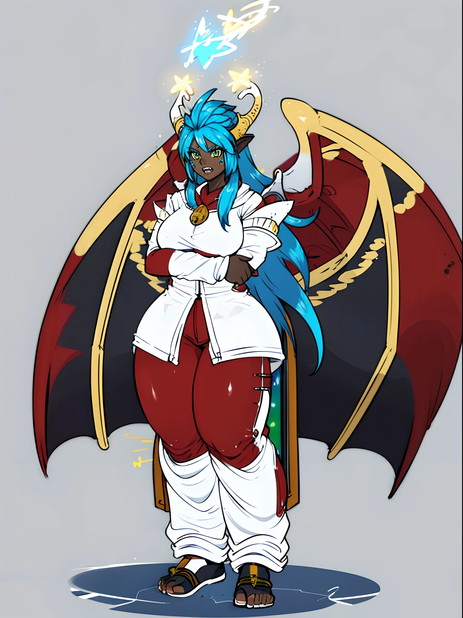 darkskinned-female, horns, dragon wings, ,pullover, pants,, full body, standing, long hair,sharpteeth, atomic, halo, robe, medieval clothing