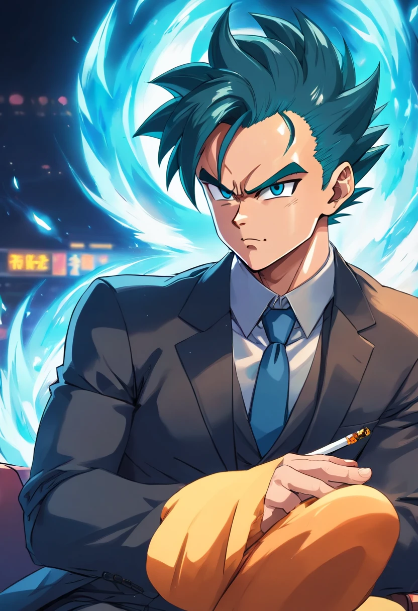 Vegeta wearing a black suit, smoking a cigarette while sitting in a chair that highlights his power and influence, masculine, Dragon Ball, detailed facial features, intense gaze, aura of arrogance, muscular physique, sharp tailoring, sleek hairstyle, confident posture, dark and dramatic lighting, vibrant colors, high-resolution rendering, photorealistic style, smoke swirling around, Dragon Ball logo in the background