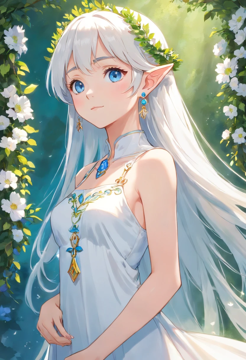 1 Elf Girl, small breasts, white hair, long hair, blue eyes, earrings, white Greece dress, translucent dress, wreath,