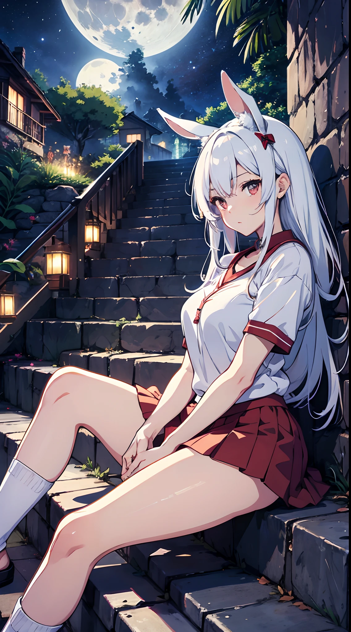 Highest image quality,anime illustrated,8K,Moon,A beautiful girl,short skirt,Rabbit ears,White color hair,red color eyes,leisure wear,Sitting on the steps,the huge moon,The palm is blocked by the thigh,the night,rays of moonlight