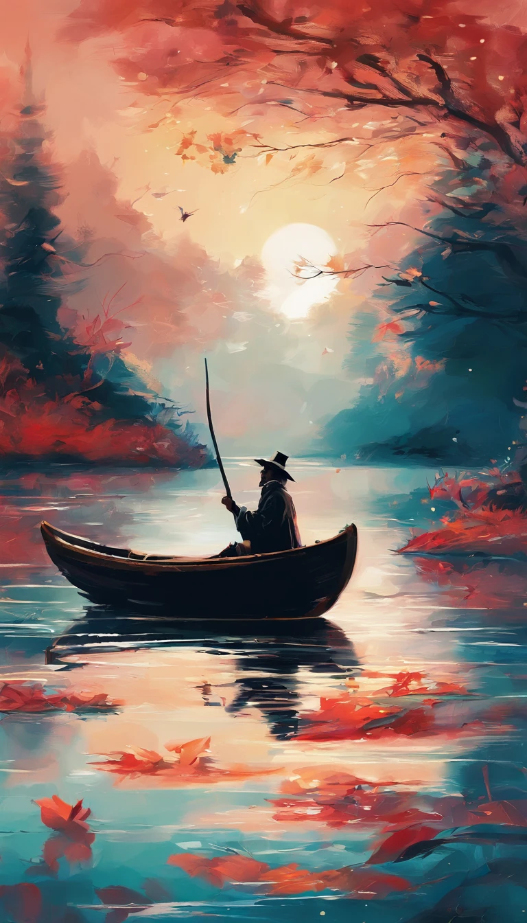 A thousand birds fly,Dix mille chemins ont disparu。Bateaux solitaires,Fishing alone in the cold snow of the river。 (【Traduction】 Vous ne voyez pas un seul oiseau dans les montagnes,The traces of thousands of people have been cut。Sur le bateau solitaire se trouve un vieil homme en manteau,Fishing alone against wind and snow),(A small boat on the water),(An old man sitting in a small boat fishing),Inspired by the creators:《Jiang Xue》Yanagi Zongyuan,rayon,(Light and shadow effect),(couleur vive),(color splashes),(Obvious layers),(ink painting style:1.2),(Prix de photographie),(8k wallpaper),(Masterpiece),(beste-Qualit),(Il y a une pleine lune dans le ciel nocturne),(Moonlight sprinkled on the water),Autumn tones,Il y avait un vent qui soufflait,(side lighting ),(cinema4D),(movie lighting),(effet de profondeur de champ),(Unreal 5),(tmasterpiece),(8k resolution),photoreallistic,Realstic