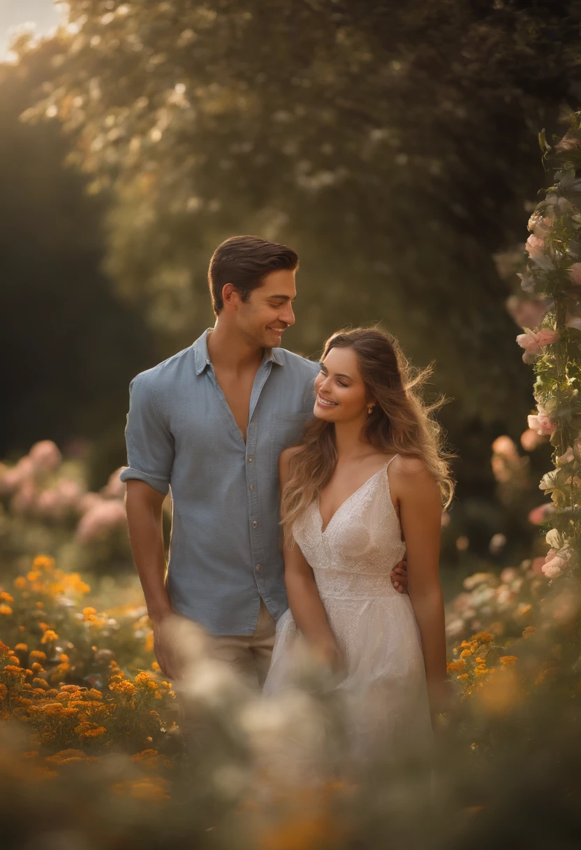 A cute light skin couple standing in a lovely garden, surrounded by blooming flowers and lush greenery. The couple has bright smiles on their faces, radiating joy and happiness. Their eyes meet with a deep sense of love and affection. The girl has beautifully detailed eyes and lips, accentuated by long eyelashes and rosy cheeks. She is wearing a flowing summer dress in soft pastel colors, while the boy is dressed casually in a crisp white shirt and jeans. The sunlight gently illuminates their faces, casting a warm and romantic glow. The scene is captured in a vibrant, high-resolution painting with ultra-detailed brushwork. Every petal of the flowers, every strand of their hair, and every blade of grass is meticulously portrayed. The colors are vivid and lifelike, creating a photorealistic effect. The overall composition exudes a sense of tenderness and intimacy, showcasing the couple's deep connection and love for each other.