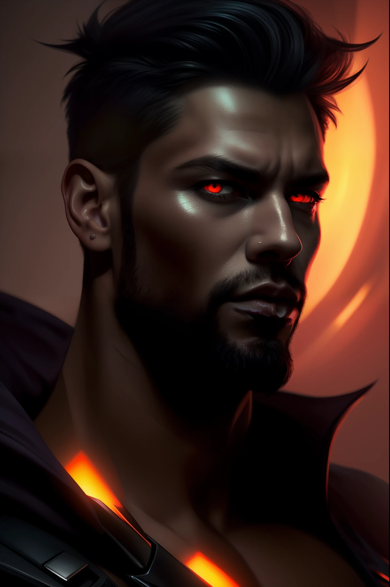 Extremely perfect cinematic humanized hyperrealistic image, a closeup of a man with a dark face and a red eye, Epic portrait illustration, Estilo de Stanley Artgerm, dark supervillain, Thor Preto, pele escura, epic portrait of menacing, RossDraw Retrato, Retrato de Hades, Estilo de Raymond Swanland, epic digital painting, RossDraw pintura digital, Pintura por Android Jones, 16k, highes definition, rosto detalhado, rosto detalhado, olhos detalhados, terno detalhado, estilo DC, hiper-realista, + Cinematographic shot + dynamic compositing, incrivelmente detalhado, nitidez, detalhes + detalhes soberbos + noite com luz + perfeccionismo + realismo premiado ((soft-lighting))