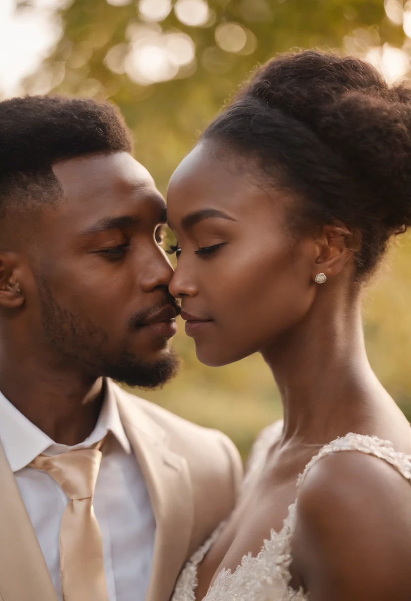 Hyper realistic image of a young black man and a beautiful young black woman in wedding outfits, with highly detailed faces. Dans un espace vert avec couchant de soleil