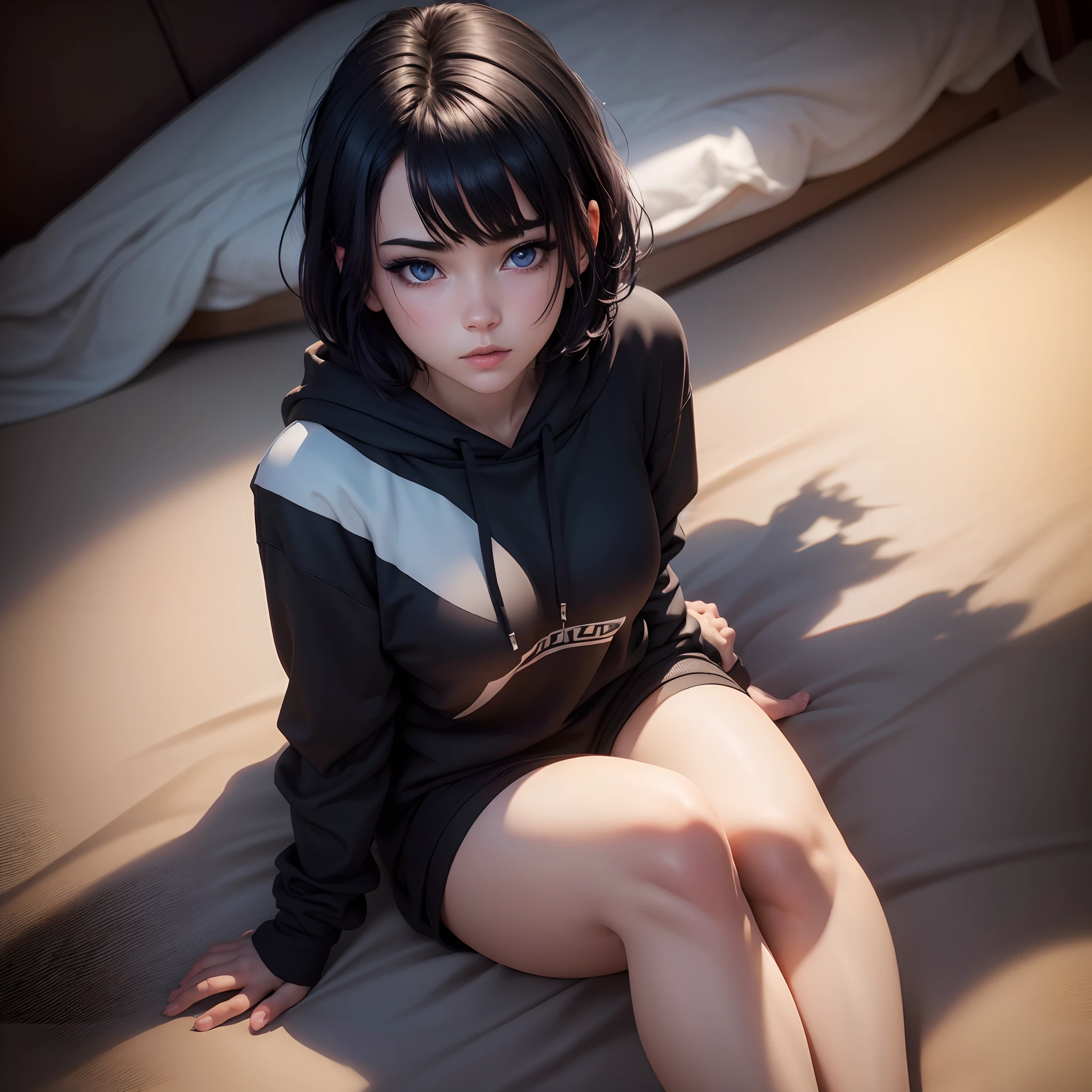(best quality, ultra-detailed), 1girl, lying in bed, pale skin, black short hair, black hoodie, black thigh highs, lace, nylon, cozy bedroom, soft lighting, seducing atmosphere, relaxed expression, delicate features, subtle smile, dreamy ambiance, elegant posture, minimalistic decor, monochromatic color scheme, smooth texture,