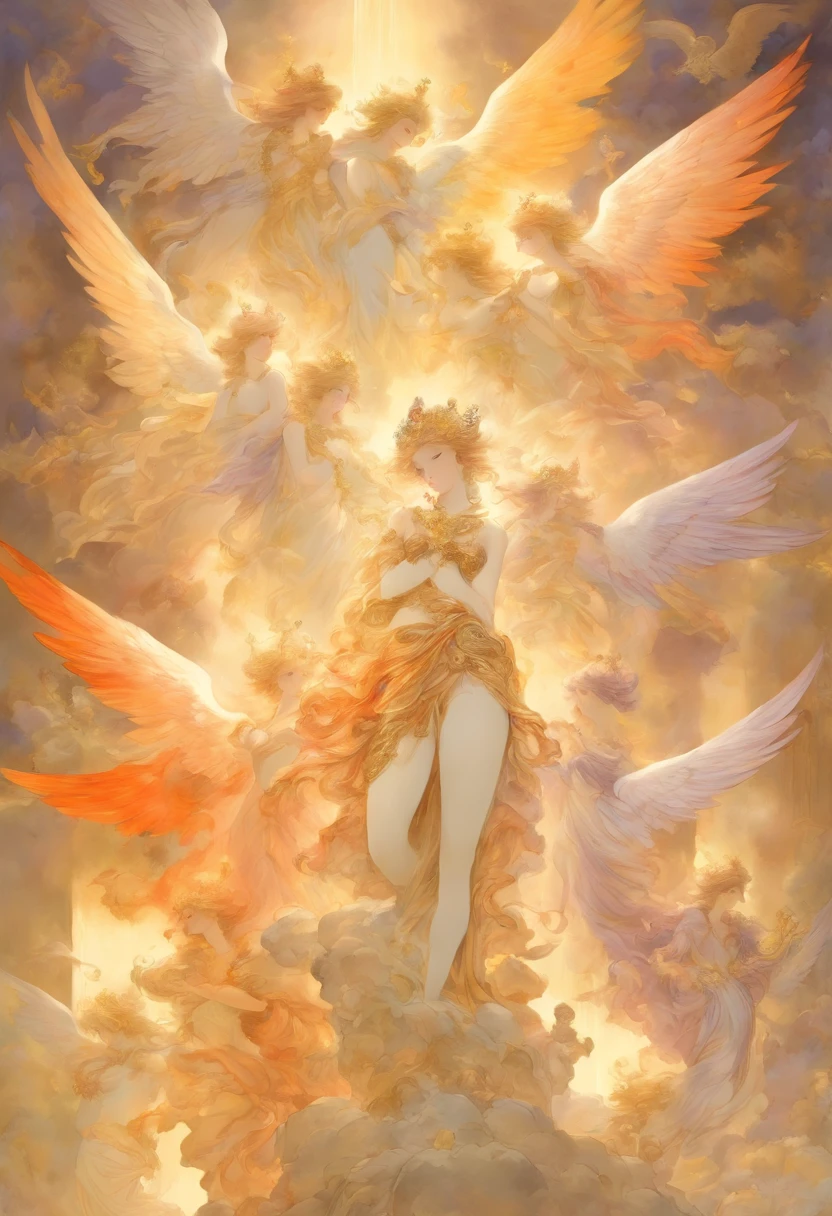venus,Lucifer,Three pairs of winged fallen angels,The junction between heaven and hell,A sense of sacrosanctity that makes people feel profane,Sens artistique classique,Strong religious atmosphere,Toucher papier parchemin,Fond de toile jauni,(Light-to-dark transition from top to bottom:1.5),(Le dessus est blanc laiteux,platine, Gold and light gray are the three colors of the main body of the image:1.3)+(Le fond est violet,Couleur noire,Orange-rouge est les trois couleurs du corps du polygone:1.3)+(The color of the middle is high key:1.3),hyper HD, Retinas, anatomiquement correct, textured skin, super detail, Best quality, A high resolution