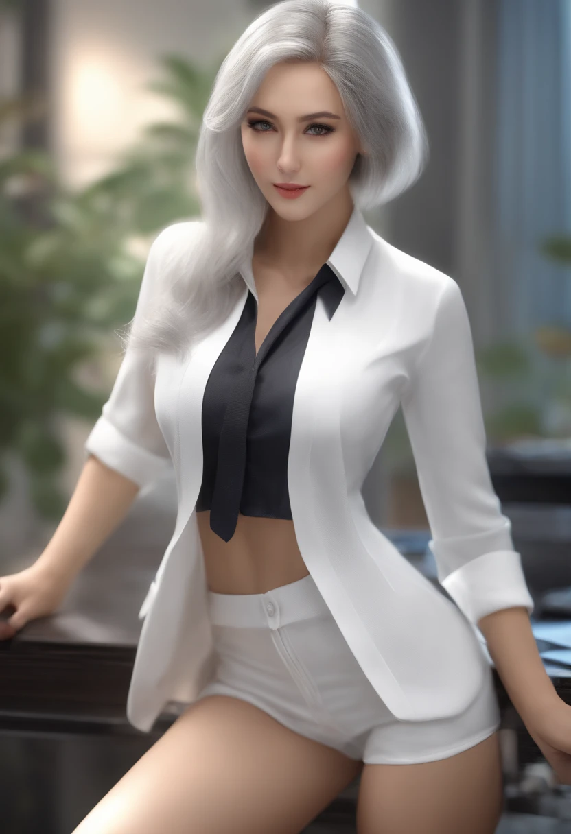 Stormy Daniels finest image, 8k, RAW photo, realistic, detailed, delicate, flashy and dynamic depiction, anime, illustration, intelligent beauty, glasses, laugh like a prankster, happy, shy, iridescent silver glossy flowing layered messy wavy medium hair, forehead, blue sparkling big eyes, full makeup, red alluring moist big thick lips, (white shirt, black tight miniskirt, black knee high socks, thighs:1.4), large breasts, slender, perfect proportion, background office room, professional lighting