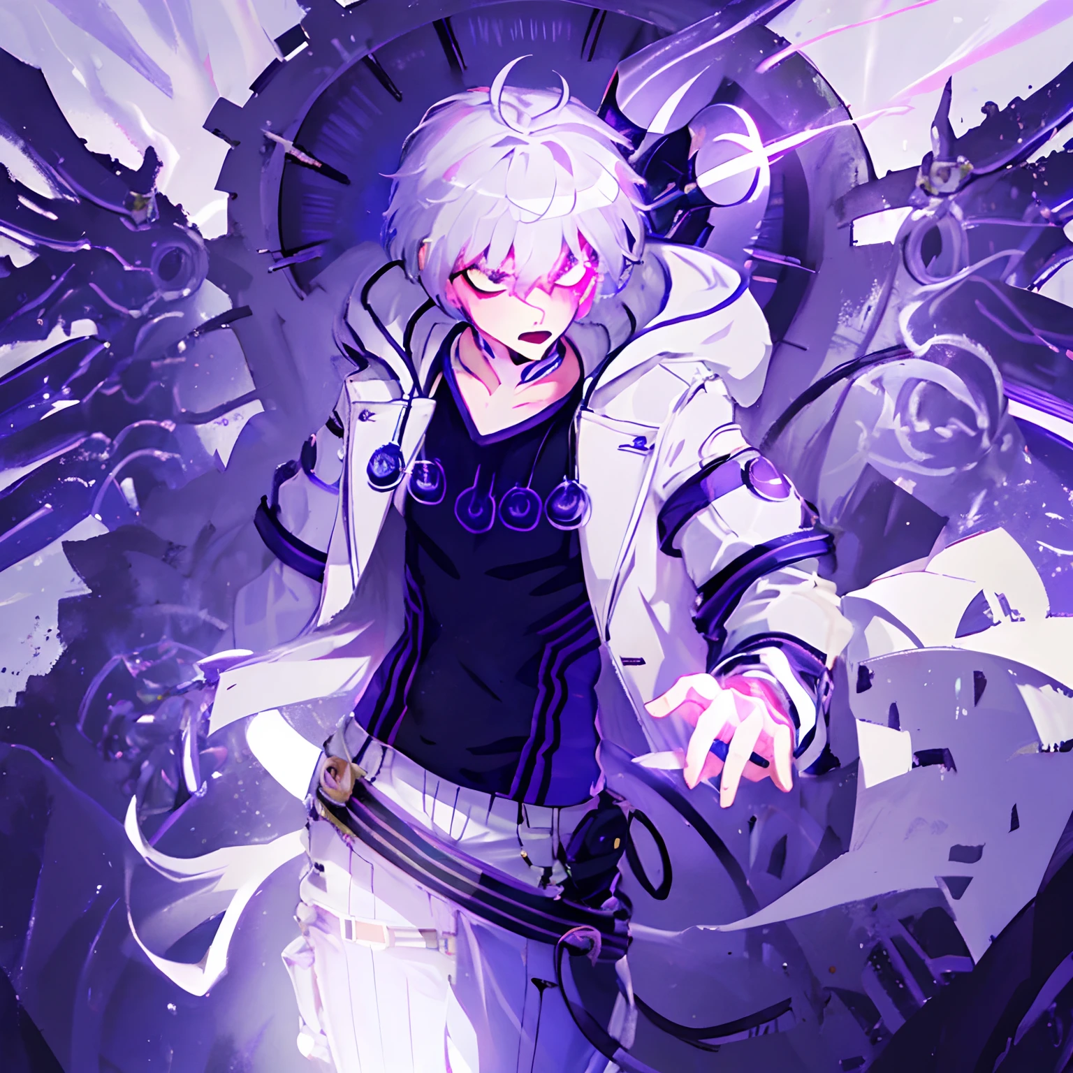 realistic, cinematic light, horror, highest quality, ultra-detailed, best quality, masterpiece, (detailed face) 1boy,solo, glowing eyes, purple energy, Dark purple aura, white spiky hair