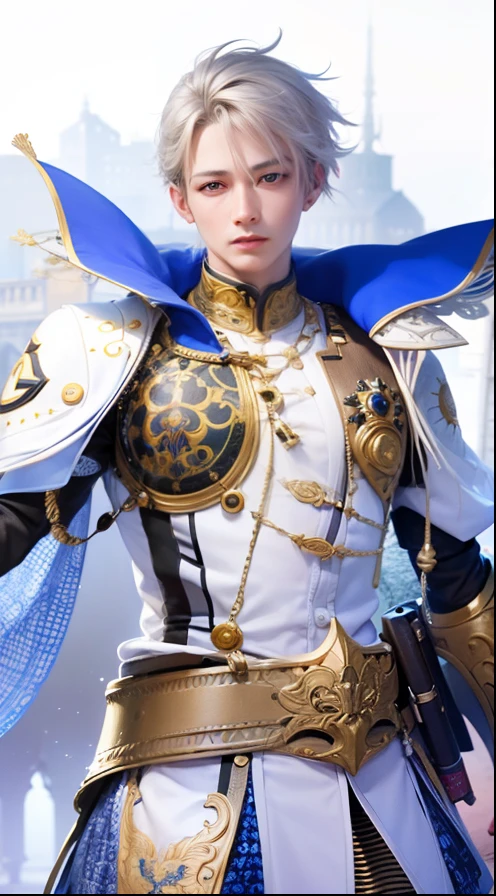 masculine male, masterpiece, ((perfect eyes)) best quality, (semirealism:1.9), beautiful lighting, (extremely detailed CG unity 4k fhd wallpaper), High Detail, Sharp focus, dramatic outdoors, 1 boy ,19 years old, white hair, light purpel eyes, smile.