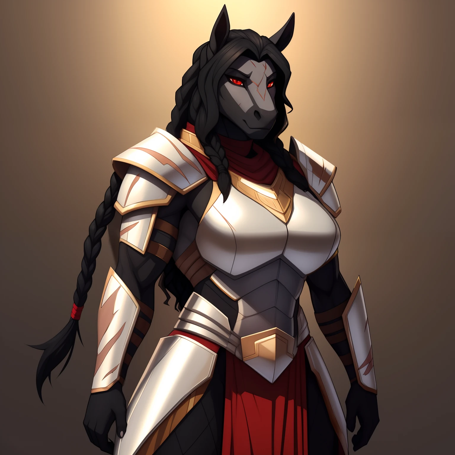 Lanky_muscular_mature_horse female black_hair short_braided_wavy_hair dark_gray_furry_body red_eyes slit_pupils scars heavy_plate_armor solo Masterpiece best_quality absurdres highly_detailed cleanly_drawn_eyes anthro_only by_claweddrip, by_greasymojo, by_underscore-b, by_runawaystride