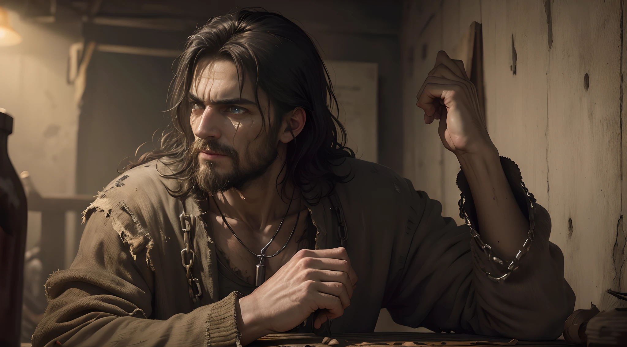 a poor 25 year old peasant from world of warcraft, sitting in a tavern drinking beer, wearing a gray coat with a white collar, with a dirty unkempt face and messy black hair, detailed face and expression, dramatic lighting, cinematic, highly detailed, award winning digital art, artstation, greg rutkowski, conceptart