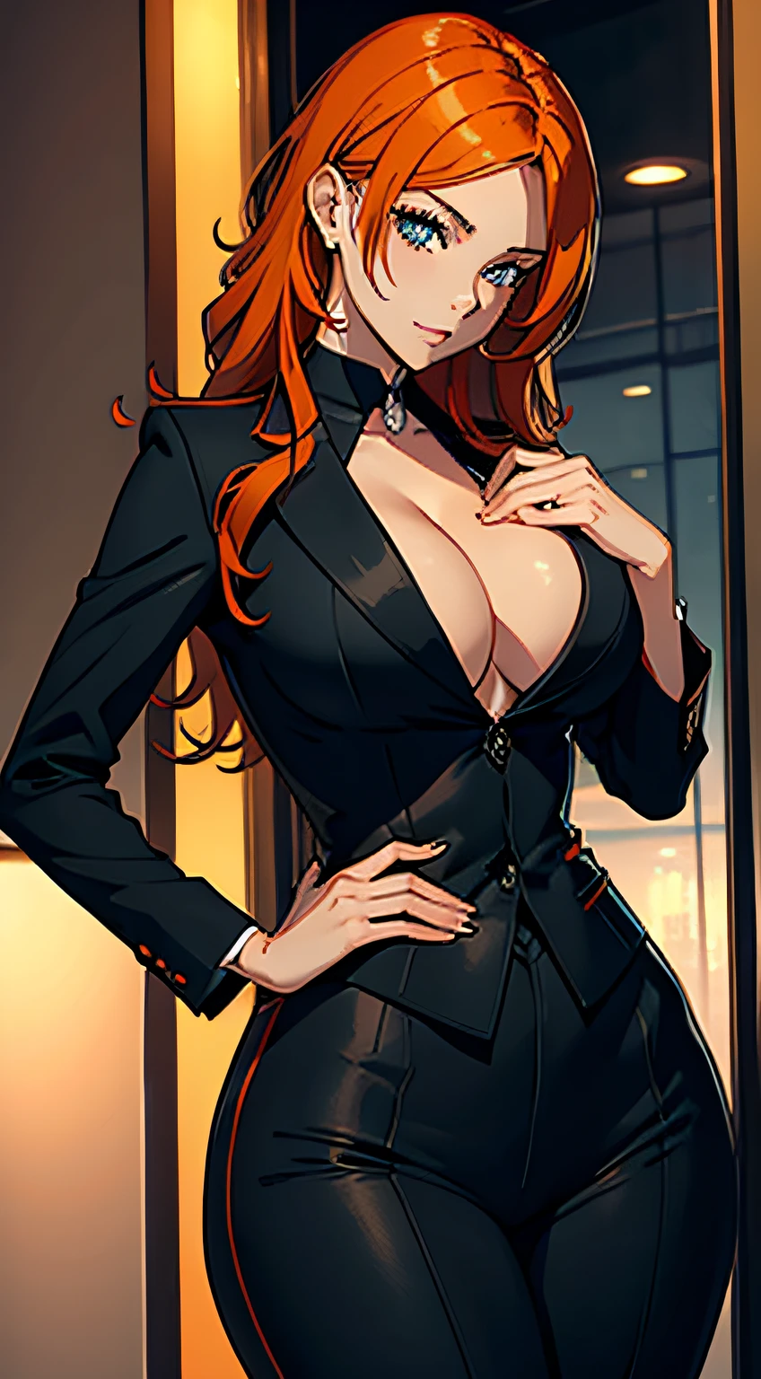 sexy milf, orange hair, wearing a black business suit that hugs her extreme hourglass figure