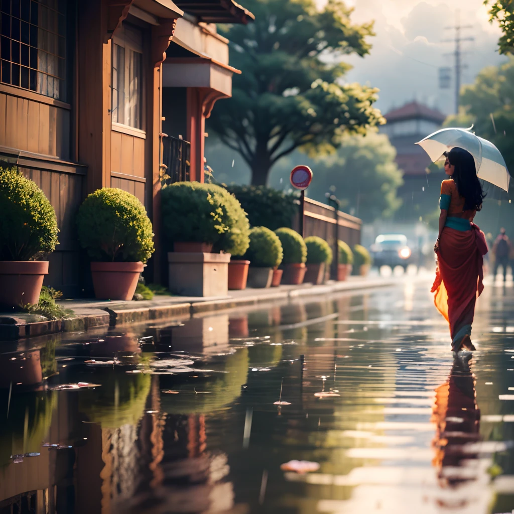 absurdres, highres, ultra detailed, (1girl:1.3),
BREAK beautiful girl in saree, Indian dress, Anime, blurry background, cute, innocent, small breasts, shadow, clouds, wall, rain, reflection on water, rainy season, subtle Bokeh --auto --s2