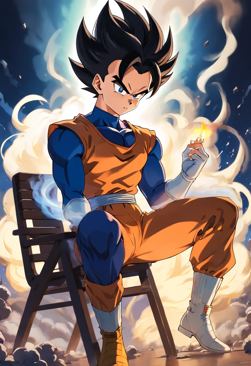 Vegeta vestindo um terno preto, smoking a cigarette while sitting in a chair that highlights your power and influence, Macho, Dragon ball, detailed facial features, olhar intenso, aura of arrogance, muscular physique, alfaiataria afiada, penteado elegante, postura confiante, dark and dramatic lighting, cores vibrantes, High-resolution rendering, estilo fotorrealista, smoke swirling around, Dragon ball logo in background
