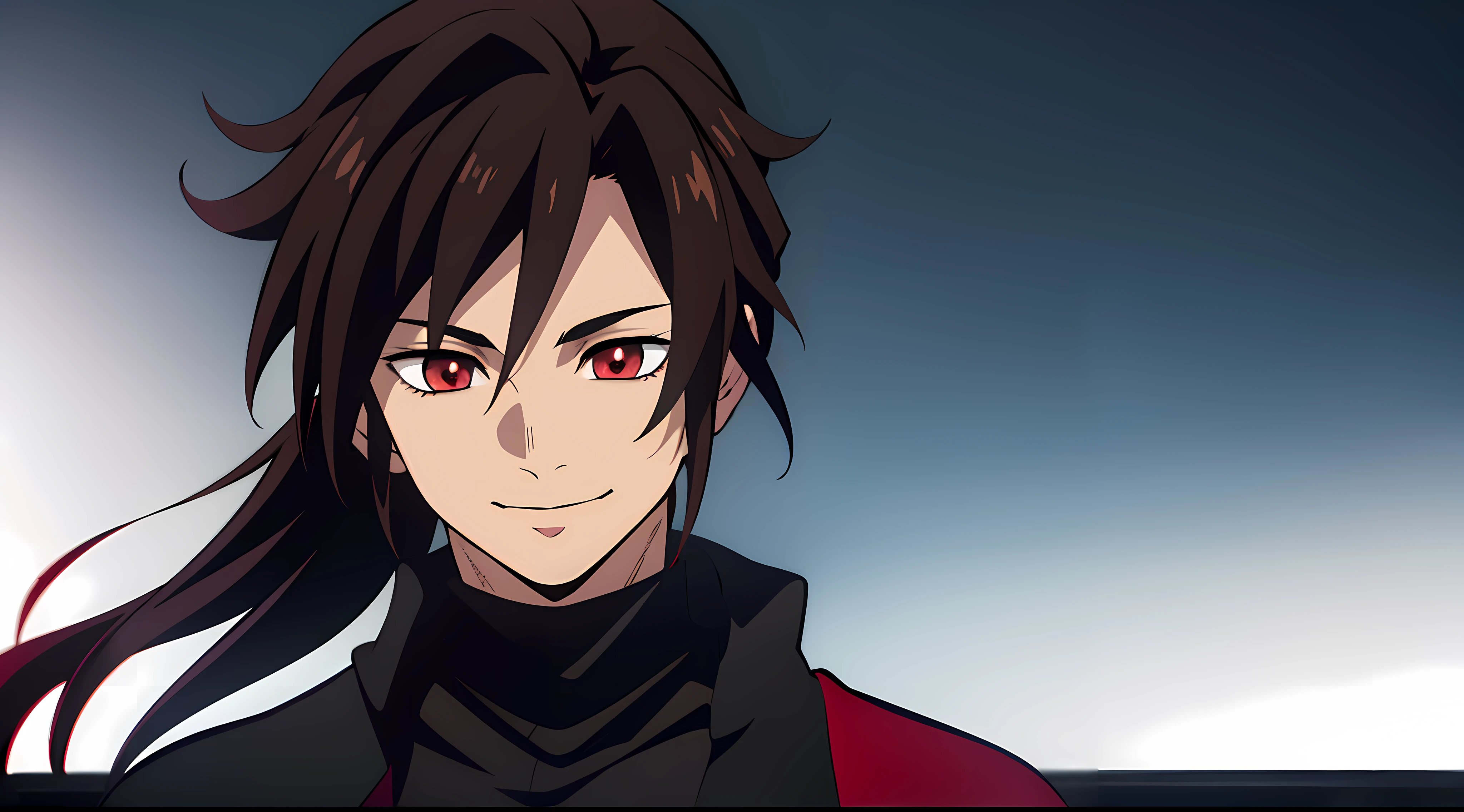 Masterpiece, Best Quality, 1Boy, Solo, Light Brown hair, Long hair ponytail, parted bangs, Red Haori, Black turtleneck, Long Brown hair, Red eyes, Demon Slayer, light smile, Power, cinematic lighting, light tracing