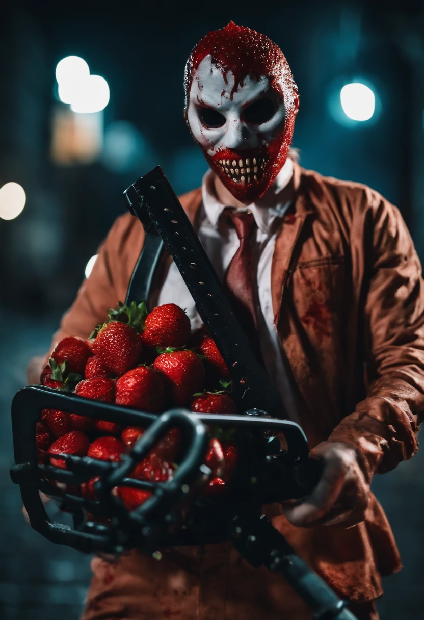 An Anime masterpiece mad Strawberry fruit Holding a Chainsaw, Horror, Blood, Blood sparks, psycho face, perfect body, HD, In a City fighting fruit zombies, cinematic, at night