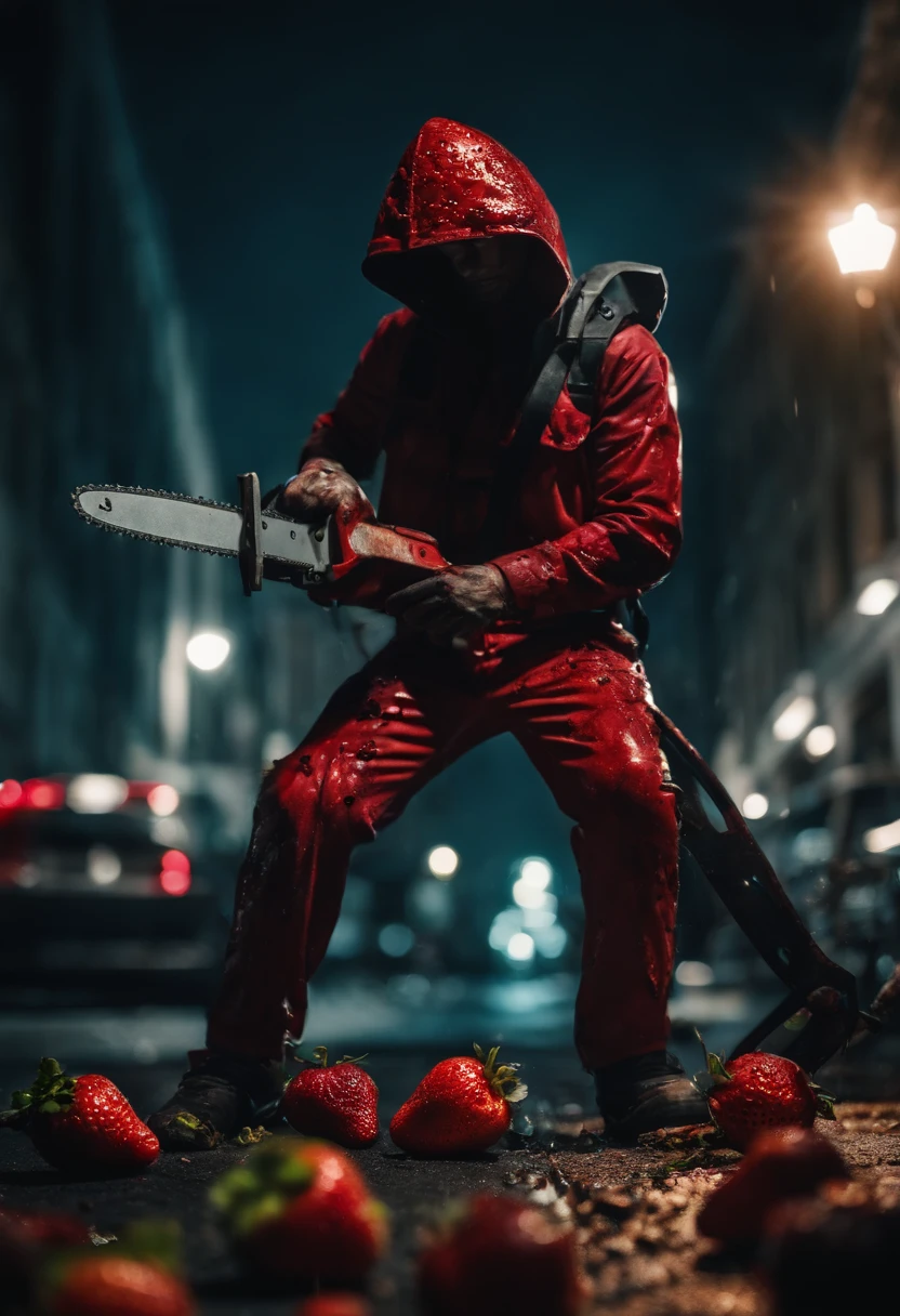 An Anime masterpiece mad Strawberry fruit Holding a Chainsaw, Horror, Blood, Blood sparks, psycho face, perfect body, HD, In a City fighting fruit zombies, cinematic, at night