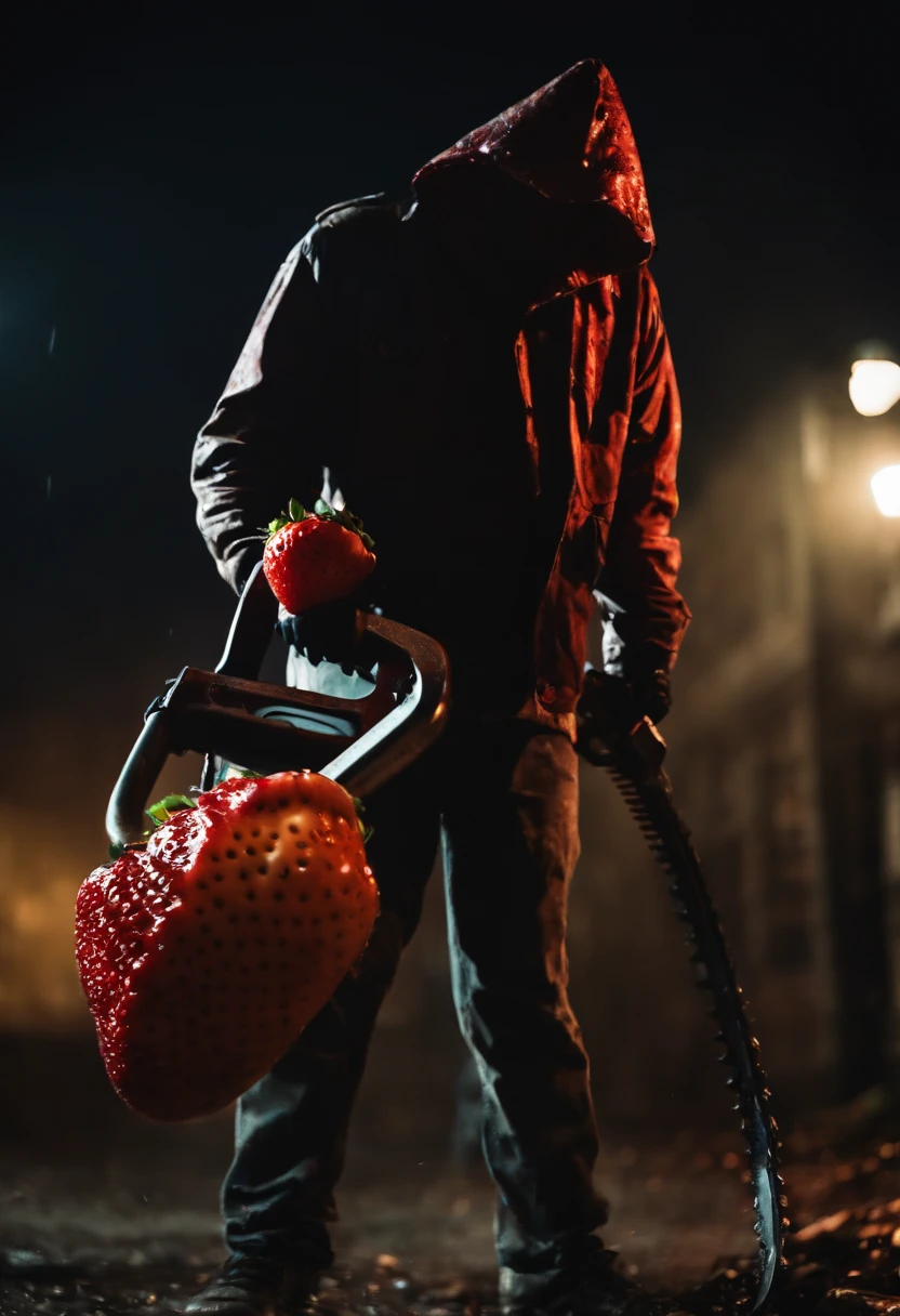 An Anime masterpiece mad Strawberry fruit Holding a Chainsaw, Horror, Blood, Blood sparks, psycho face, perfect body, HD, In a City fighting fruit zombies, cinematic, at night