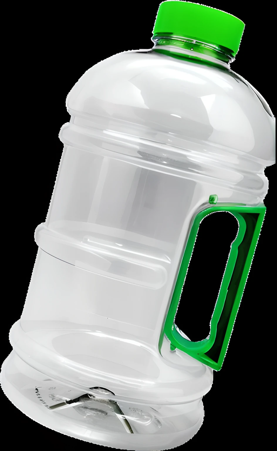 a closeup of a large plastic water bottle with a green handle, garrafa, water bottels, tanque, foto detalhada do produto, garrafas pet vazias, garrafa redonda, full of water, Characteristics, clear detailed view, tanque, plastic bottles, water pipe, baixo detalhe, garrafa de vidro, esmeralda, transparent, english, verde, plastic, Foto de design de produto, high contrast plastic, Garrafas