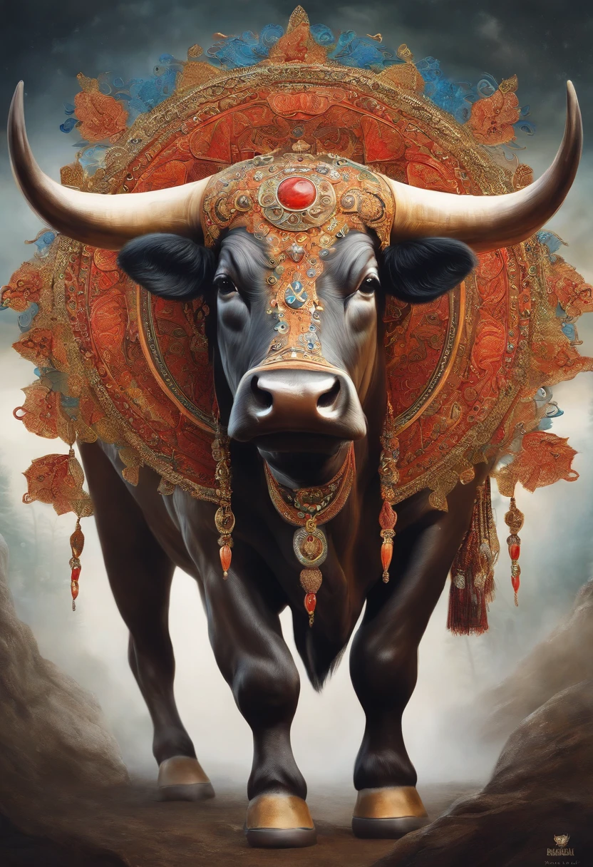 Bull Spirit, Painting in the national style, National Tide, whitebackground