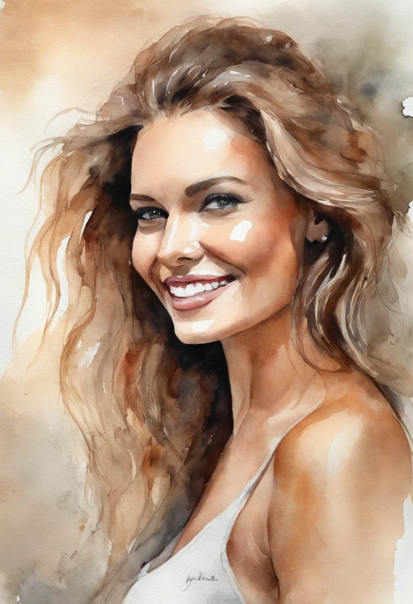 Retrato de mujer joven de medio cuerpo, perfect physique and face, sonrisa radiante, detalle excepcional, 4k.