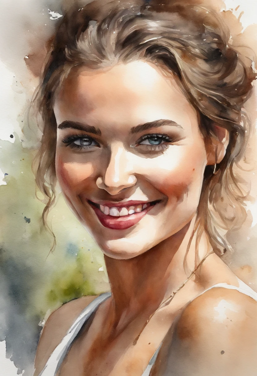 (High quality,Realstic,Couleurs vives),(portrait,realism),(detailled eyes,detailed lips),(beau sourire,Expression heureuse),(Femme de 25 ans,Curved silhouette,Regarder vers le bas),(topless,fond blanc)