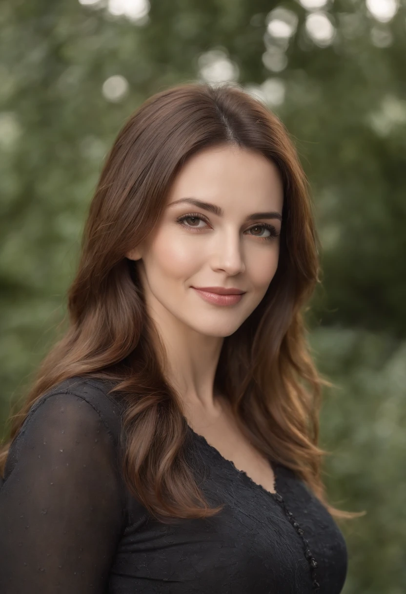 Apotheosically youthful (((full body))) girl, approximately 45 to 50 years old, ultra cool, smiling, with intense and striking brown eyes, straight hair and a silver and black gradient color, fascinating and subtle features, wearing jeans rainbow-colored, deep black blouse without bras, large breasts, in a medieval-style candle-lit environment)